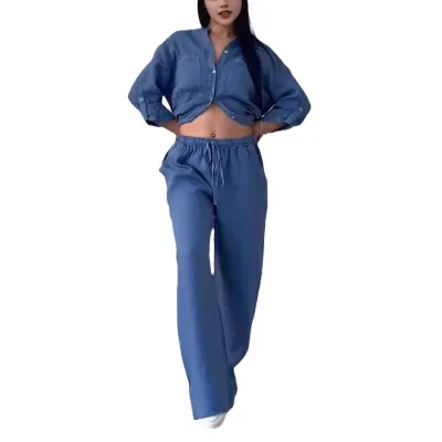 Women Fashion Casual Solid Color Cotton Linen Long-Sleeve Blouse Drawstring Wide Leg Pants Two-Piece Set