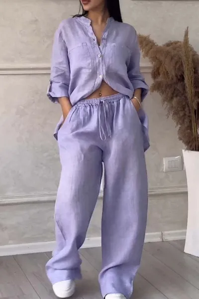 Women Fashion Casual Solid Color Cotton Linen Long-Sleeve Blouse Drawstring Wide Leg Pants Two-Piece Set