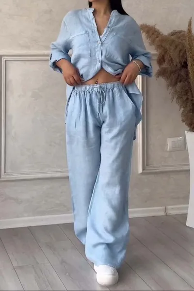 Women Fashion Casual Solid Color Cotton Linen Long-Sleeve Blouse Drawstring Wide Leg Pants Two-Piece Set