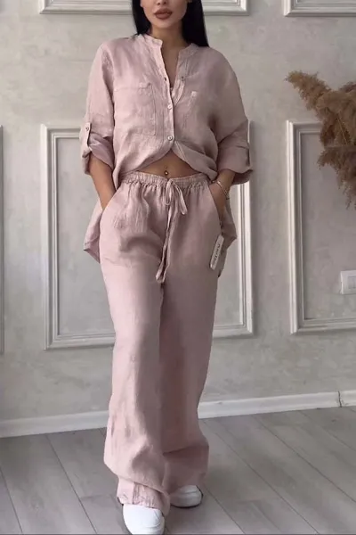 Women Fashion Casual Solid Color Cotton Linen Long-Sleeve Blouse Drawstring Wide Leg Pants Two-Piece Set
