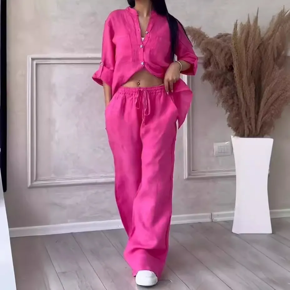 Women Fashion Casual Solid Color Cotton Linen Long-Sleeve Blouse Drawstring Wide Leg Pants Two-Piece Set