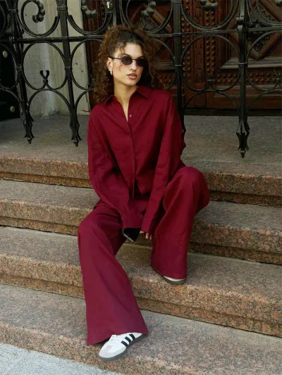 Women Fashion Casual Solid Color Cotton Lapel Long Sleeve Blouse Loose Pants Two-Piece Set
