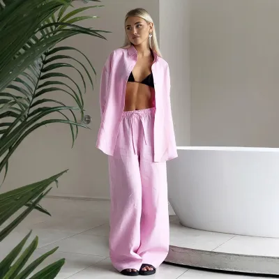 Women Fashion Casual Solid Color Cotton Lapel Long Sleeve Blouse Loose Pants Two-Piece Set