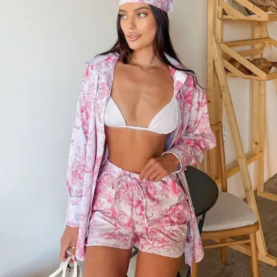 Women Fashion Casual Printed Lapel Long-Sleeve Blouse Drawstring Shorts Two-Piece Set