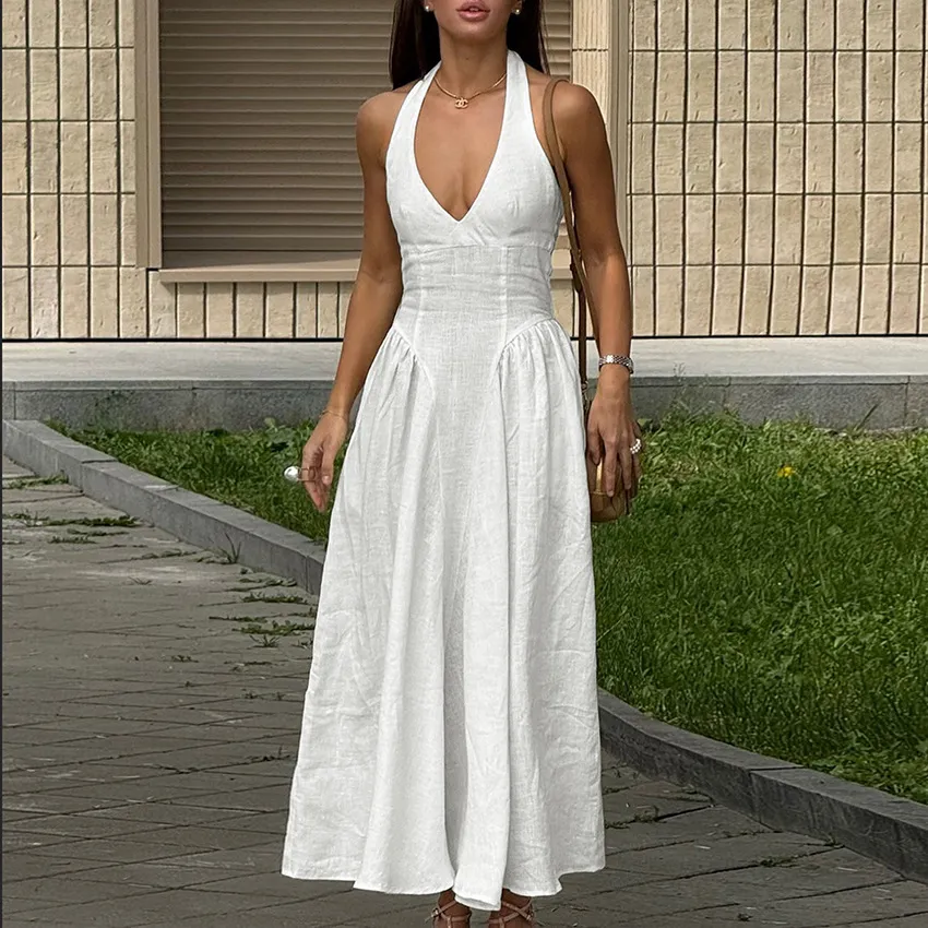 Women Elegant Solid Color Halter-Neck Maxi Dress