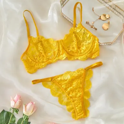 Women Sexy Solid Color Lace See-Through Bra Sets