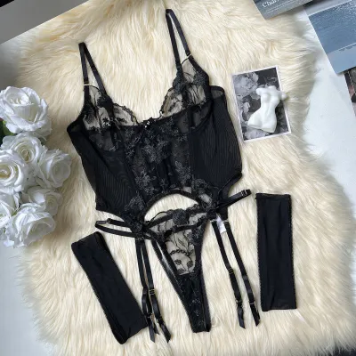 Women Embroidered Perspective Mesh Sexy Lingerie Sets