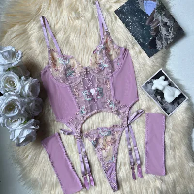 Women Embroidered Perspective Mesh Sexy Lingerie Sets