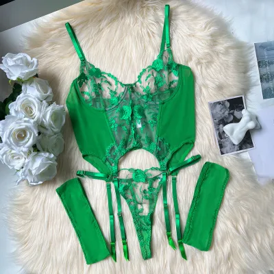 Women Embroidered Perspective Mesh Sexy Lingerie Sets