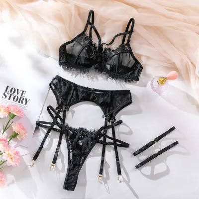 Women Sexy Solid Color Mesh Stitching Lace Lingerie Four-Piece Set