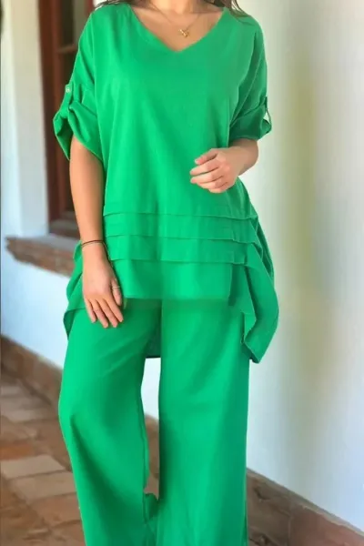 Spring Plus Size Women Casual Solid Color Loose Top And Wide Leg Pants Cotton Linen Two-Piece Set