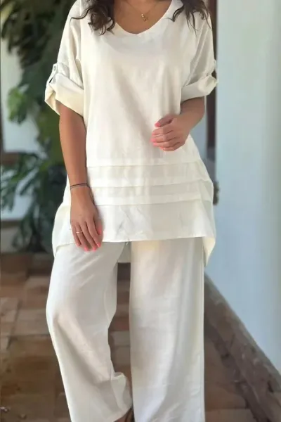 Spring Plus Size Women Casual Solid Color Loose Top And Wide Leg Pants Cotton Linen Two-Piece Set