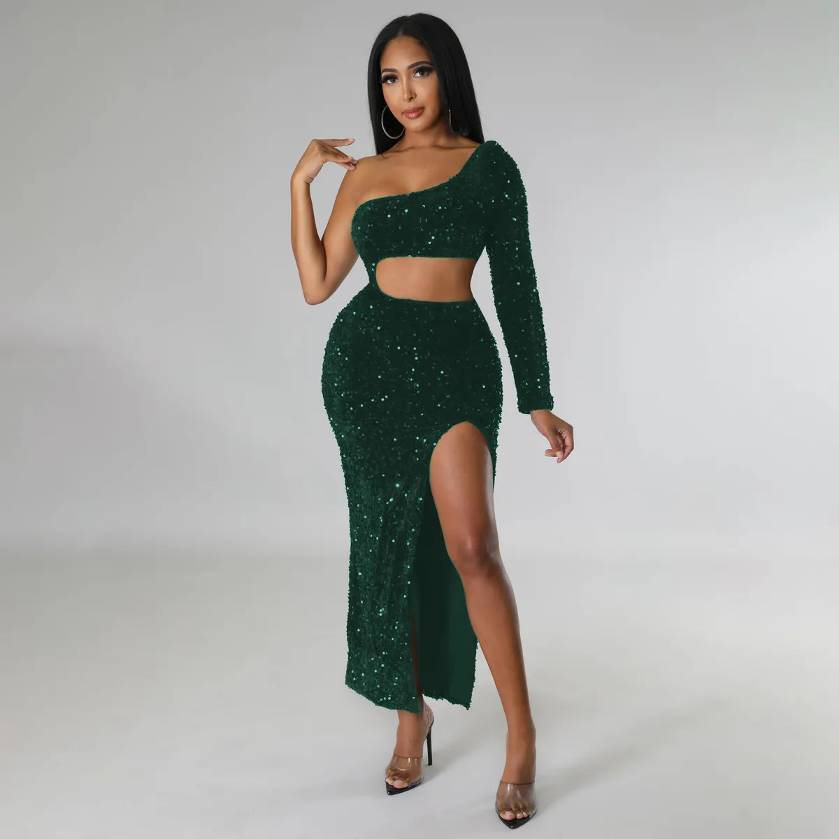 Women Sexy Solid Color Sequins Long Sleeve Hollow-Out Split Party Dress