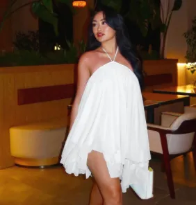 Women Fashion Sexy Solid Color Halter-Neck Backless Mesh Breathable Loose Dress