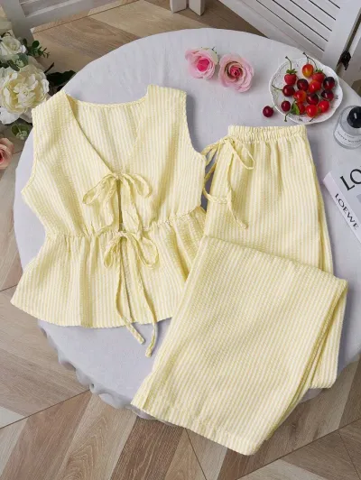 Women Fashion Casual Solid Color Stripe Lace-Up Tank Top Loose Pants Two-Piece Set