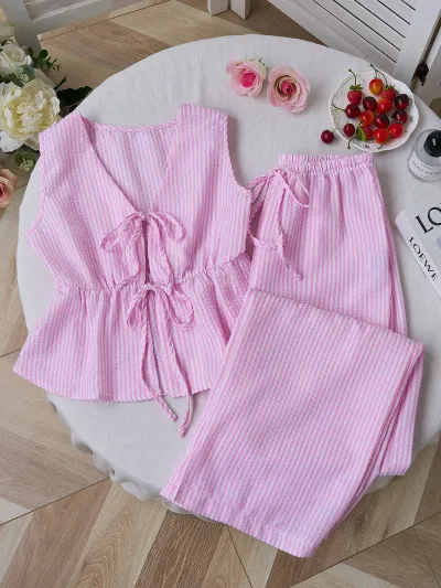 Women Fashion Casual Solid Color Stripe Lace-Up Tank Top Loose Pants Two-Piece Set