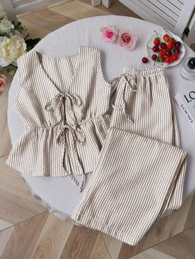 Women Fashion Casual Solid Color Stripe Lace-Up Tank Top Loose Pants Two-Piece Set