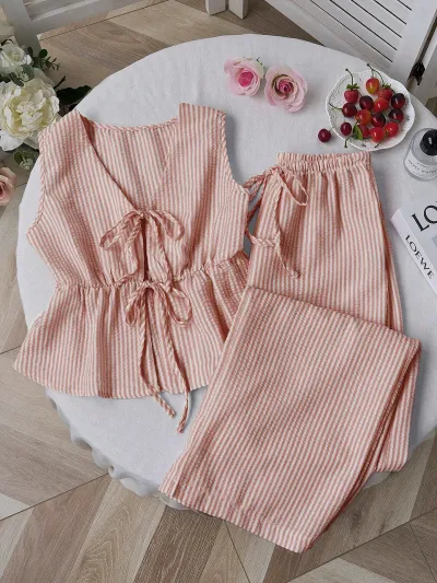 Women Fashion Casual Solid Color Stripe Lace-Up Tank Top Loose Pants Two-Piece Set