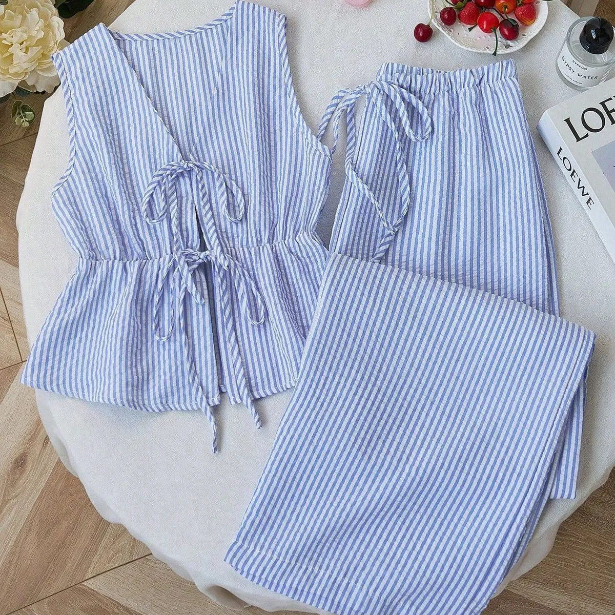 Women Fashion Casual Solid Color Stripe Lace-Up Tank Top Loose Pants Two-Piece Set