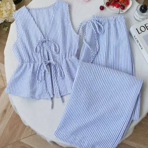 Women Fashion Casual Solid Color Stripe Lace-Up Tank Top Loose Pants Two-Piece Set