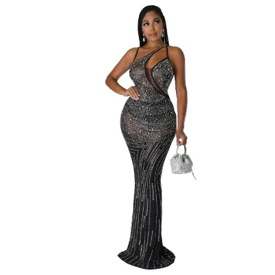 Women Fashion Sexy Solid Color Perspective Rhinestone Spaghetti Strap Slim Fit Party Dress