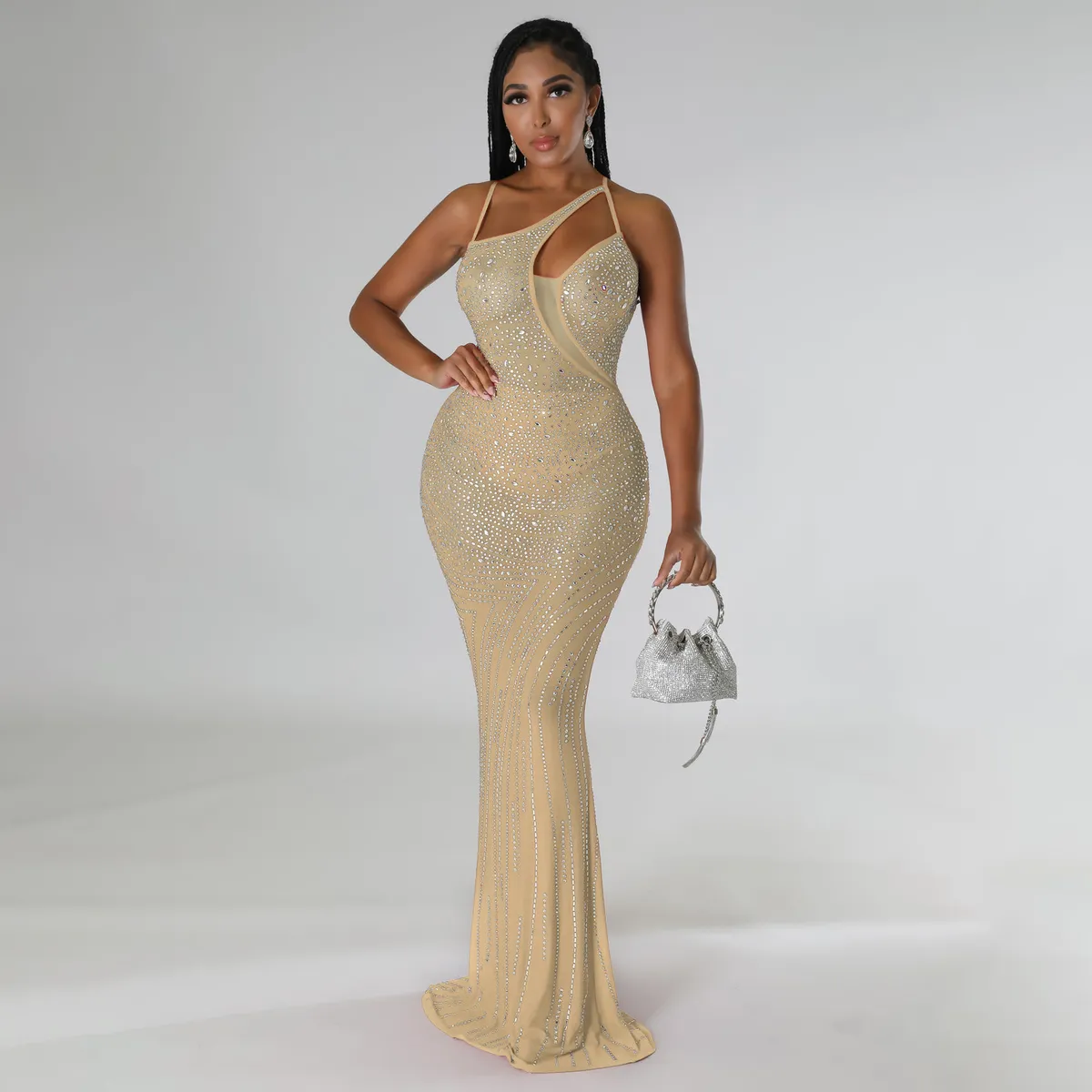 Women Fashion Sexy Solid Color Perspective Rhinestone Spaghetti Strap Slim Fit Party Dress