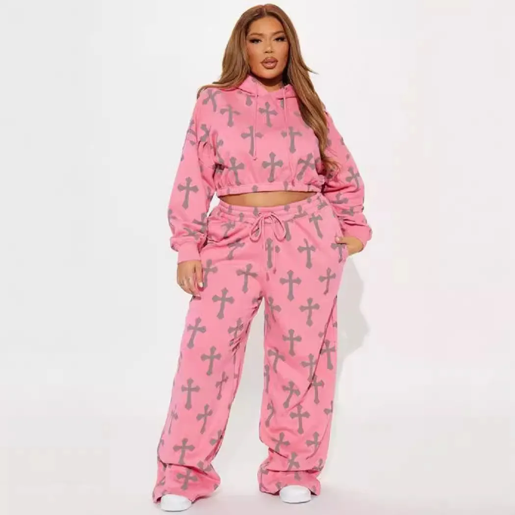 Women Fashion Casual Cross Print Long Sleeve Hoodies Loose Pants Two-Piece Set