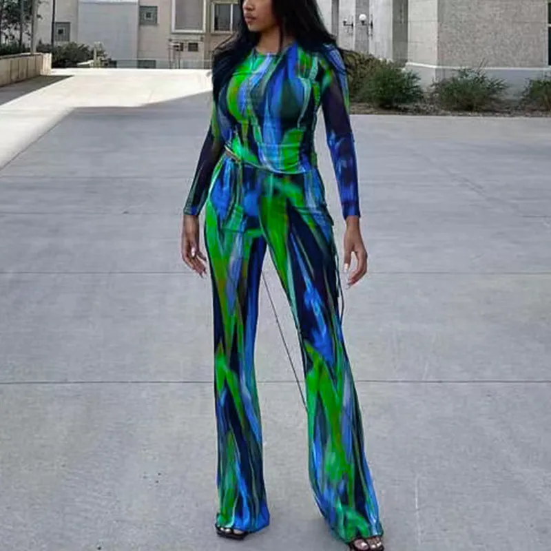 Women Fashion Casual Multicolor Printed Long-Sleeve T-Shirt Wide-Leg Pants Two-Piece Set