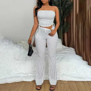 Women Fashion Sexy Stripe Drawstring Tube Top Slim Fit Pants Pants Two-Piece Set