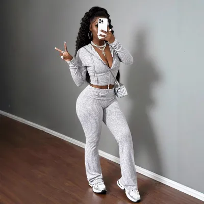 Women Fashion Casual Solid Color Long-Sleeve Hoodies Slim-Fit Pants Two-Piece Set