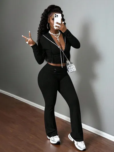Women Fashion Casual Solid Color Long-Sleeve Hoodies Slim-Fit Pants Two-Piece Set