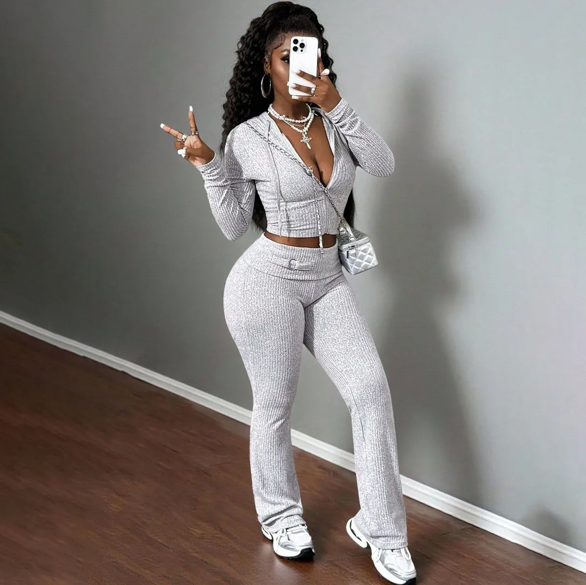 Women Fashion Casual Solid Color Long-Sleeve Hoodies Slim-Fit Pants Two-Piece Set