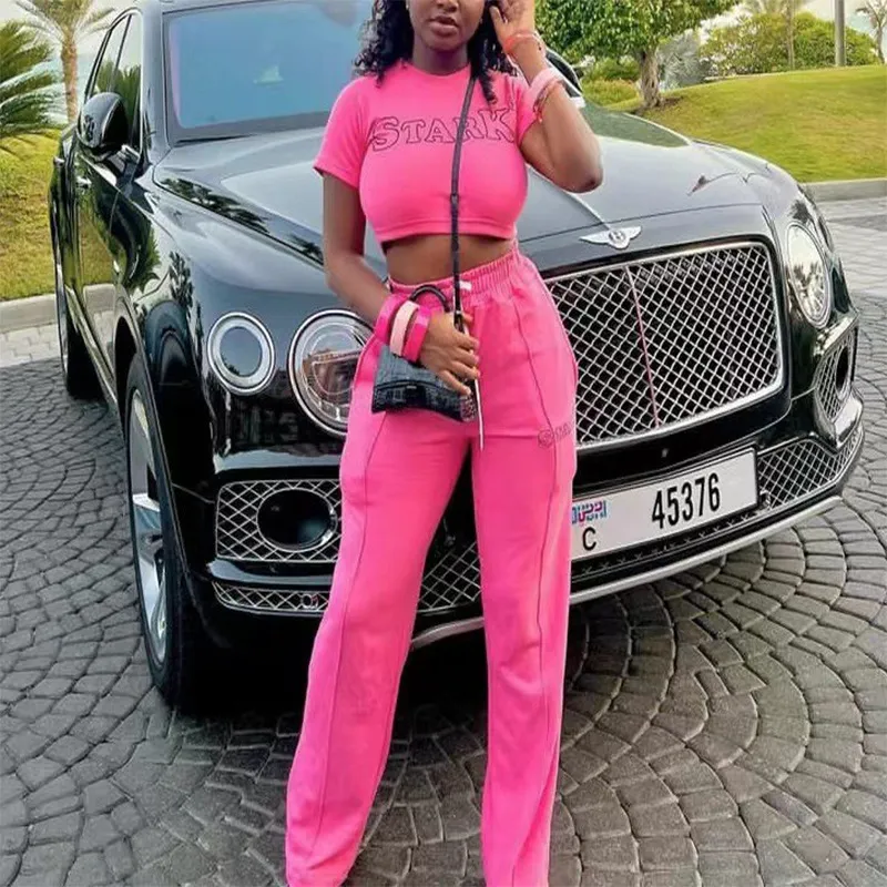 Women Fashion Casual Printed Letter Short-Sleeve T-Shirt Slim Fit Pants Two-Piece Set