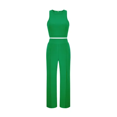 Women Fashion Casual Solid Color Sleeveless Tank Top Loose Pants Two-Piece Set