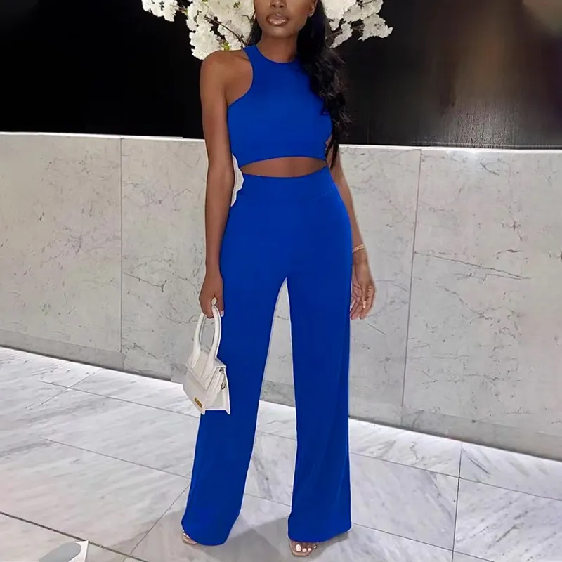 Women Fashion Casual Solid Color Sleeveless Tank Top Loose Pants Two-Piece Set
