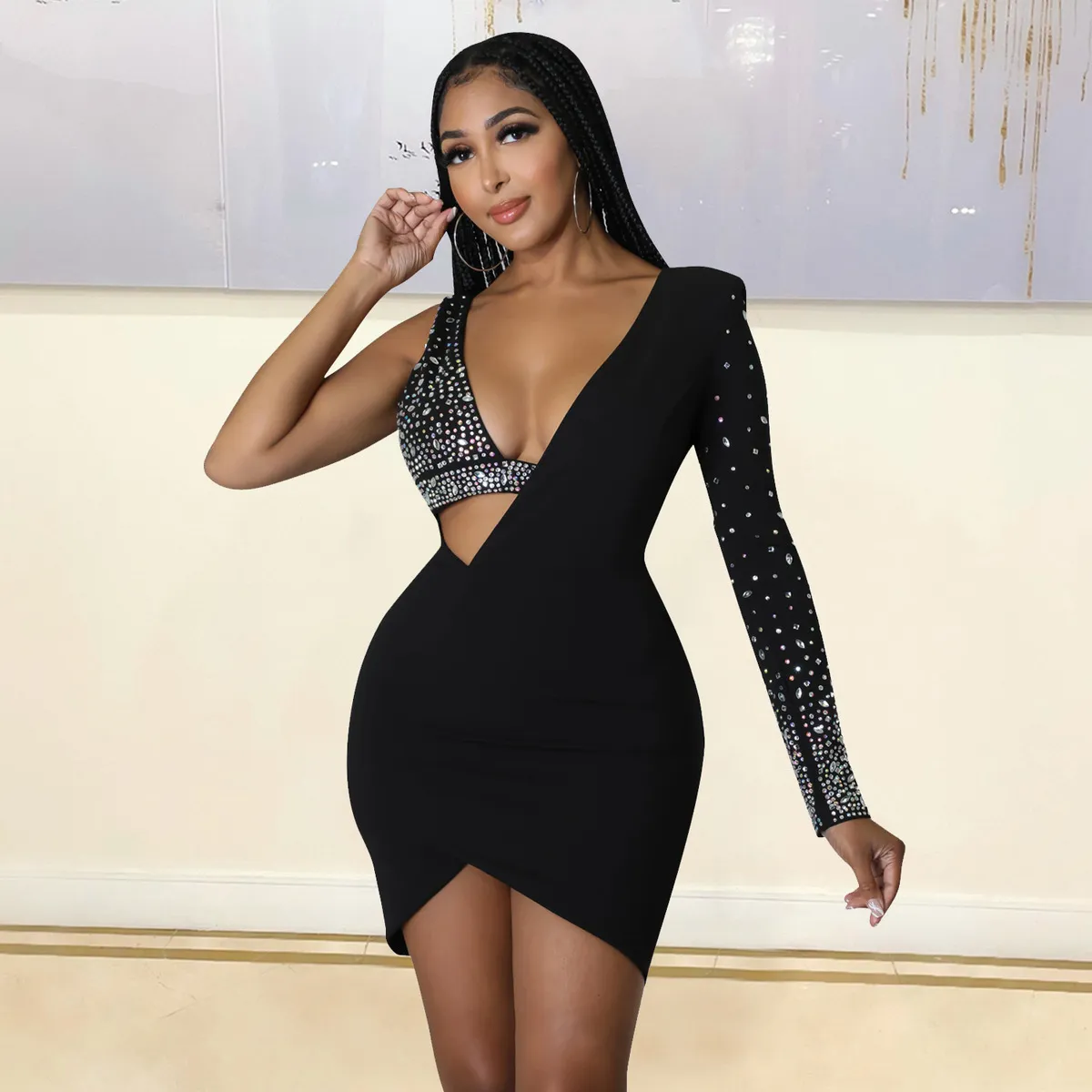 Women Fashion Sexy Solid Color Rhinestone Single Sleeve Hollow-Out Slim Fit Party Dress