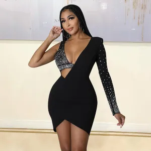Women Fashion Sexy Solid Color Rhinestone Single Sleeve Hollow-Out Slim Fit Party Dress