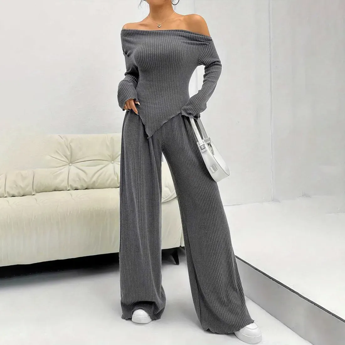 Women Fashion Casual Solid Color Irregular Off-Shoulder Long-Sleeve Top Wide Leg Pants Two-Piece Set
