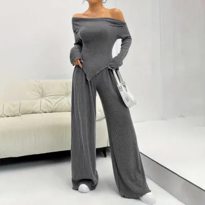 Women Fashion Casual Solid Color Irregular Off-Shoulder Long-Sleeve Top Wide Leg Pants Two-Piece Set