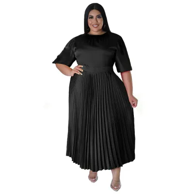 Women Fashion Casual Plus Size Solid Color Pleated Round Neck Short Sleeve Loose Dress