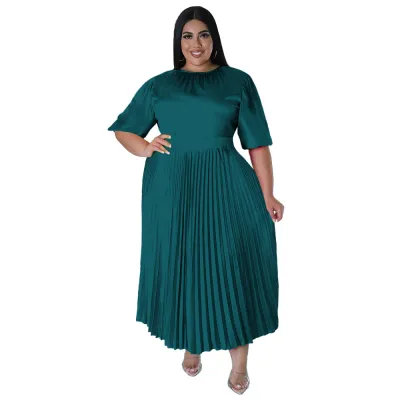 Women Fashion Casual Plus Size Solid Color Pleated Round Neck Short Sleeve Loose Dress