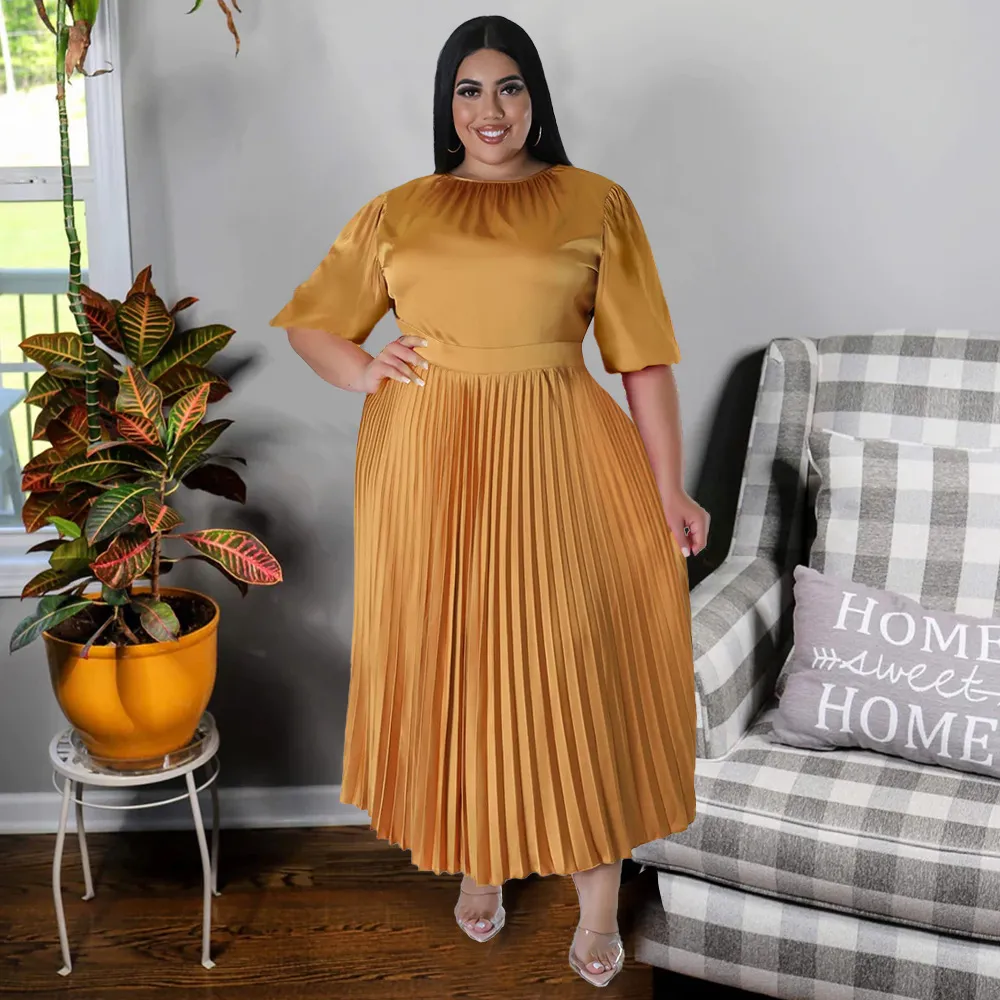 Women Fashion Casual Plus Size Solid Color Pleated Round Neck Short Sleeve Loose Dress