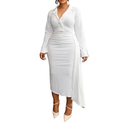 Women Fashion Sexy Plus Size Irregular Solid Color Lapel Long-Sleeve Stitching Pleated Dress