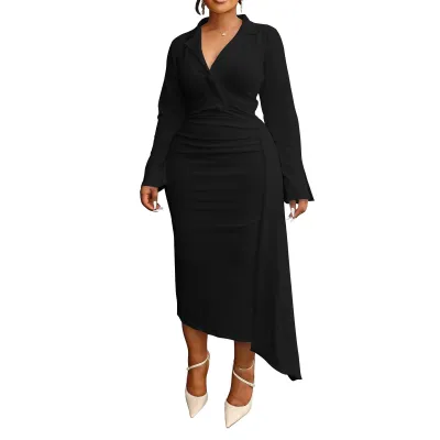 Women Fashion Sexy Plus Size Irregular Solid Color Lapel Long-Sleeve Stitching Pleated Dress