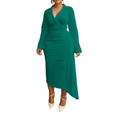 Women Fashion Sexy Plus Size Irregular Solid Color Lapel Long-Sleeve Stitching Pleated Dress