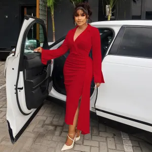 Women Fashion Sexy Plus Size Irregular Solid Color Lapel Long-Sleeve Stitching Pleated Dress