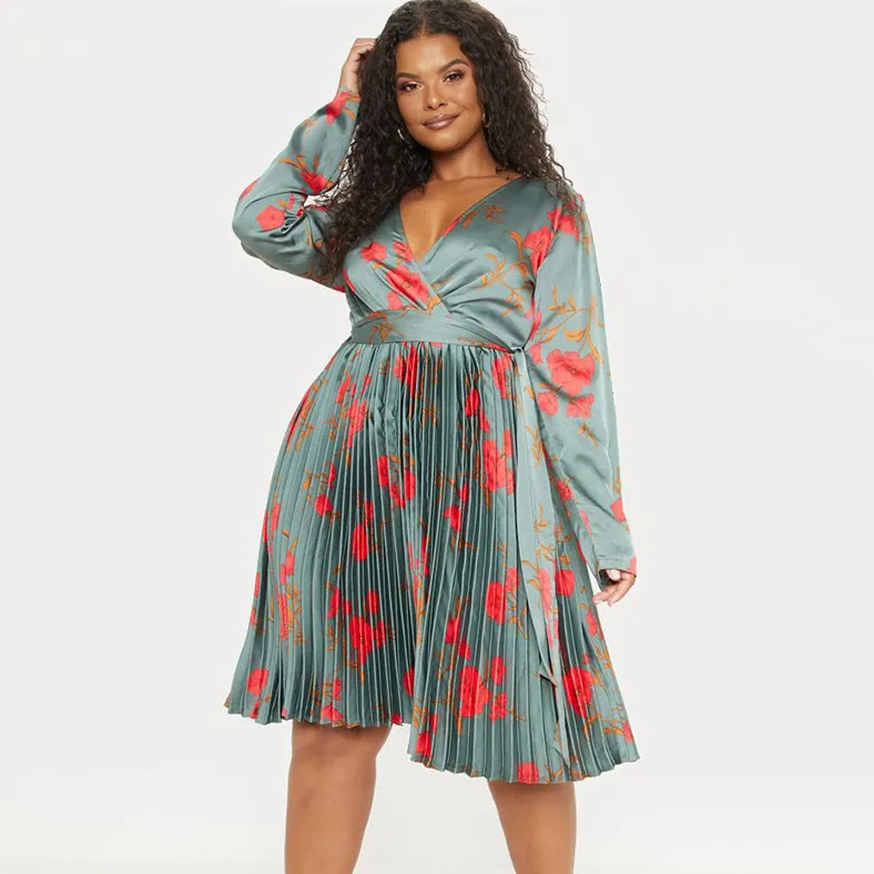 Women Fashion Sexy Plus Size Printed V-Neck Long-Sleeve Pleated Dress