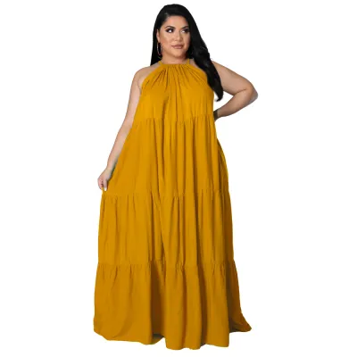 Women Plus Size Sexy Solid Color Sleeveless Loose Sling Dress