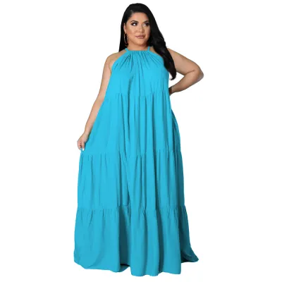 Women Plus Size Sexy Solid Color Sleeveless Loose Sling Dress
