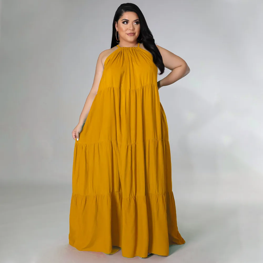 Women Plus Size Sexy Solid Color Sleeveless Loose Sling Dress